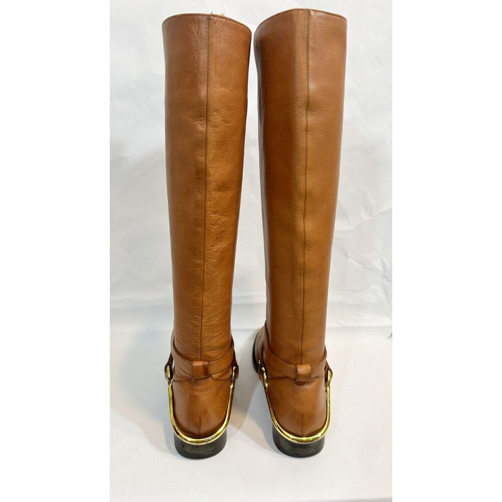 Ralph Lauren Jenny Tall Equestrian Gold Stirrup Cognac Leather Boots Size 6B - Picture 5 of 14